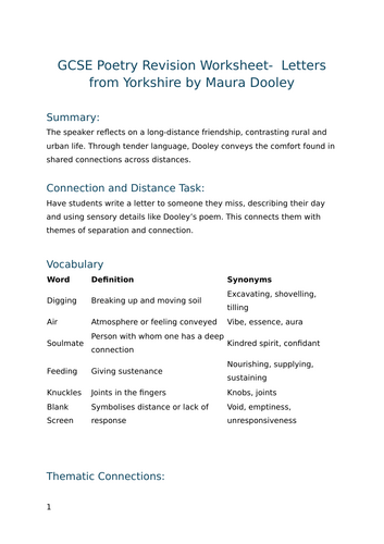 Letters from Yorkshire by Maura Dooley- GCSE Poetry Revision Worksheet