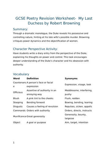 My Last Duchess by Robert Browning - GCSE Poetry Revision Worksheet