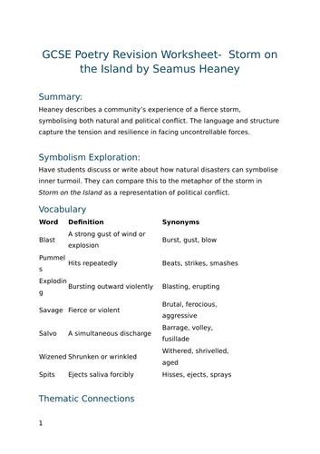 Storm on the Island by Seamus Heaney - GCSE Poetry Revision Worksheet