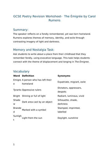 The Émigree by Carol Rumens - GCSE Poetry Revision Worksheet