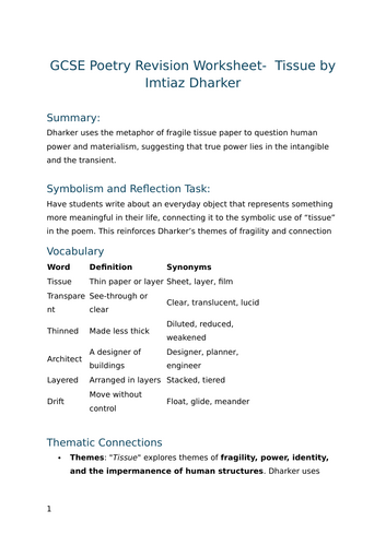 Tissue by Imtiaz Dharker  - GCSE Poetry Revision Worksheet