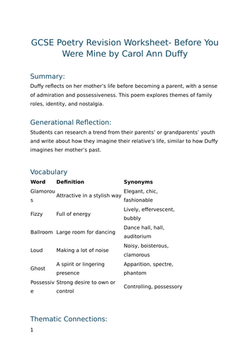 Before You Were Mine by Carol Ann Duffy - GCSE Poetry Revision Worksheet