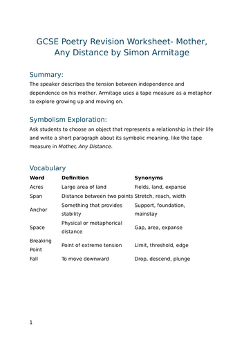 Mother, Any Distance by Simon Armitage - GCSE Poetry Revision Worksheet