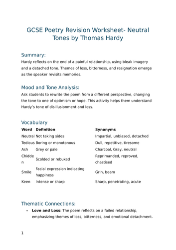 Neutral Tones by Thomas Hardy - GCSE Poetry Revision Worksheet