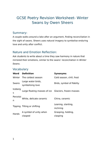 Winter Swans by Owen Sheers - GCSE Poetry Revision Worksheet