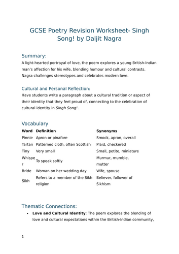 Singh Song! by Daljit Nagra - GCSE Poetry Revision Worksheet