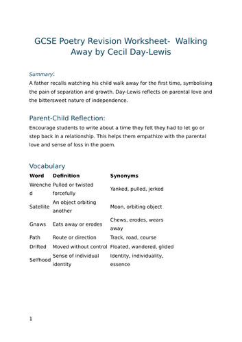 Walking Away by Cecil Day-Lewis - GCSE Poetry Revision Worksheet