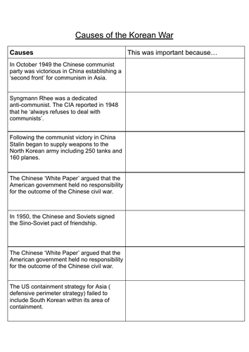 Worksheet - Causes of the Korean war