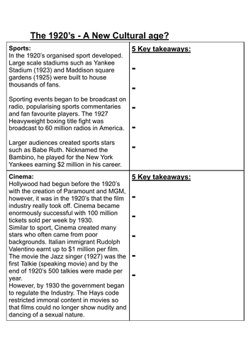 USA 1920s - Cultural change worksheet