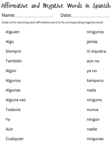 Affirmative and Negative Words in Spanish Practice Worksheets