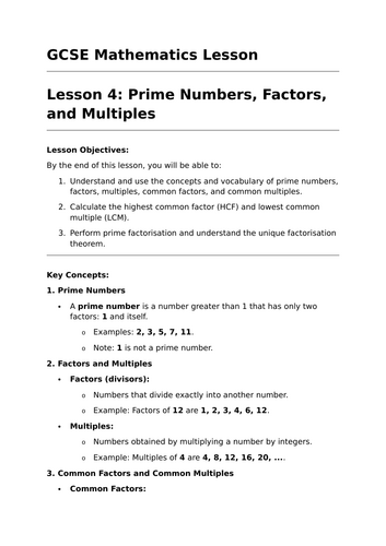 Prime Numbers, Factors and Multiples - GCSE Maths Lesson | Teaching ...