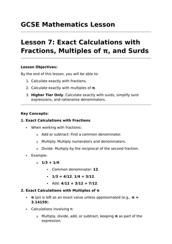 Fractions, Multiples of π, and Surds - GCSE Maths Lesson