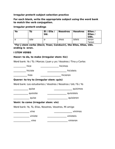 Irregular preterit subject selection practice