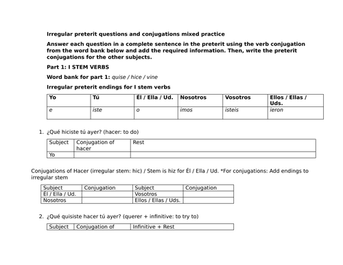 Irregular preterit questions and conjugations mixed practice