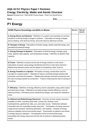 SEN AQA GCSE Physics P1 ENERGY REVISION AIMING for 5