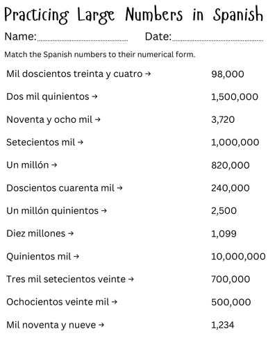 writing large numbers in spanish worksheet