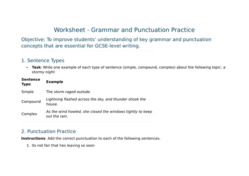 Worksheet - Grammar and Punctuation Practice