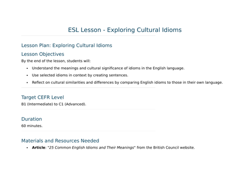 ESL Lesson - Exploring Cultural Idioms For New Teachers and  TEFL/CELTA Students