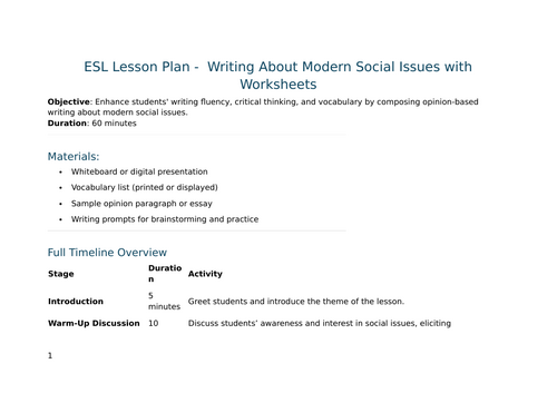 ESL Lesson Plan - Writing About Modern Social Issues with Worksheets For New Teachers TEFL/CELTA