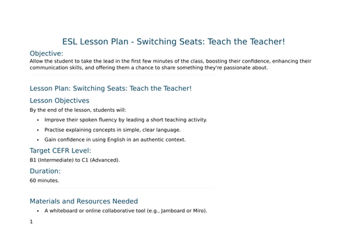 ESL Lesson Plan - Switching Seats - Teach the Teacher! For New Teachers and  TEFL/CELTA Students