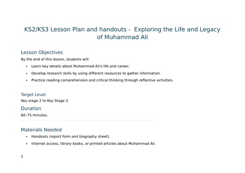 KS2 Lesson Plan and Handouts - Exploring the Life and Legacy of Muhammad Ali