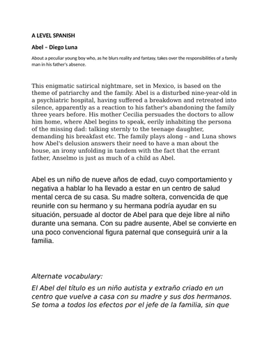 A LEVEL SPANISH: Teacher Resource:  bank of essay questions on "ABEL"