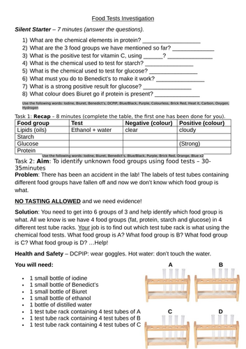 IGCSE Food Tests Practical  Worksheet and Answers