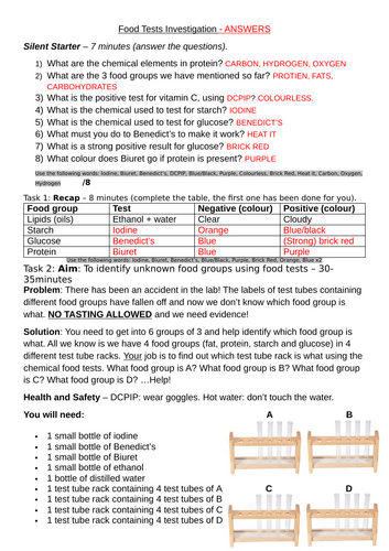 IGCSE Food Tests Practical  Worksheet and Answers