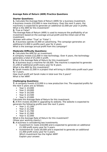 Average Rate of Return (ARR) Practice Questions