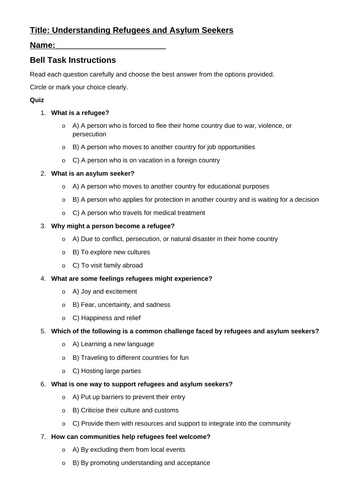 Year 7 Cover Worksheet (studying Refugee Boy)