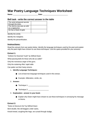 Year 9 Cover Worksheet (War Poetry)