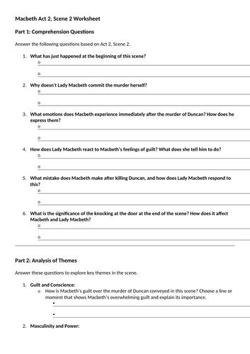 Year 10 Cover Macbeth Worksheet (Act 2 Scene 2)