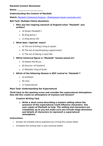 Year 10 Cover Worksheet (Macbeth Context)