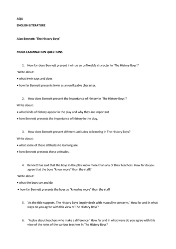 "The History Boys" GCSE ENGLISH LITERATURE mock exam questions