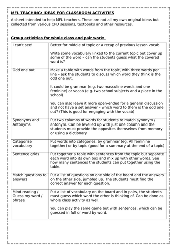 MFL: whole class and pair activities ideas.