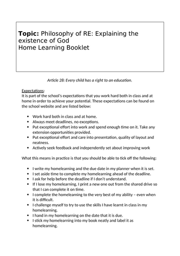 Philosophy of RE: Explaining the existence of God homelearning booklet