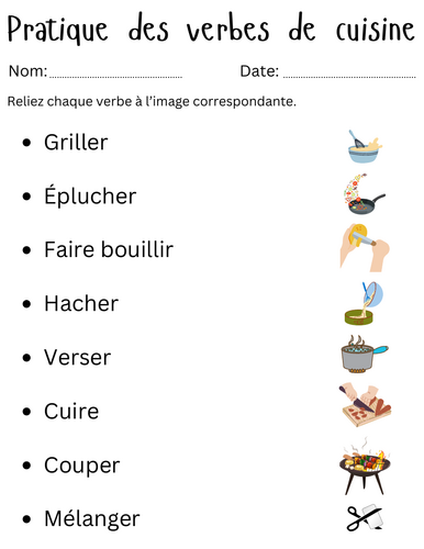 kitchen verbs in french - cooking verbs vocabulary in french worksheet