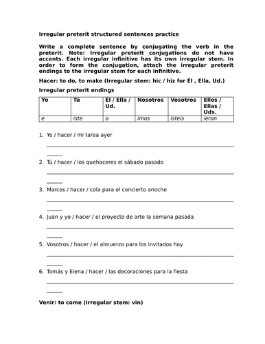 Irregular preterit structured sentences practice