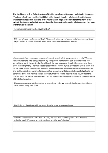 English Comprehension KS3 / KS4 Coral Island extract Language and Structure analysis / writing task