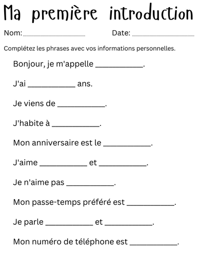 introducing yourself in french worksheet - Introduction en français