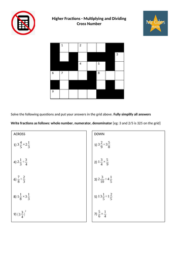 Higher Fractions - Multiplying and Dividing Cross Number