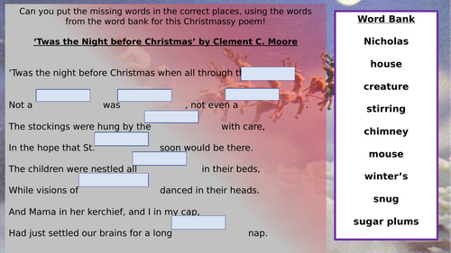 KS2 'Night Before Christmas' Poem   Fun Fill in the Missing Words Activity (cloze)  PDF/PPoint