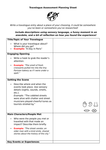 Travel Writing Planning and Research Worksheets (Travelogue)