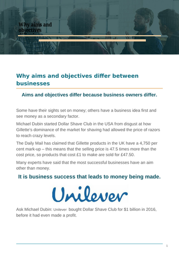 Unit 1.4 OCR - Why different businesses have different aims and objectives