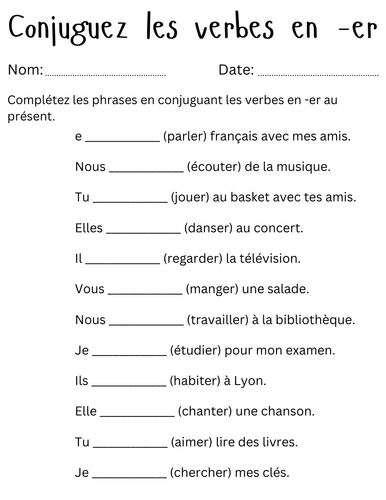 Conjuguez les verbes en -er - printable er ending verbs in french worksheet