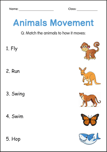 Printable Movements of Animals Activity Worksheet for Grade 1, 2, 3