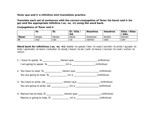 Tener que and Ir a infinitive mini translation practice