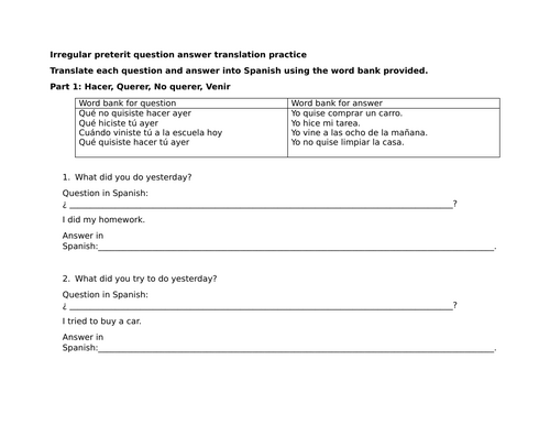 Irregular preterit question answer translation practice