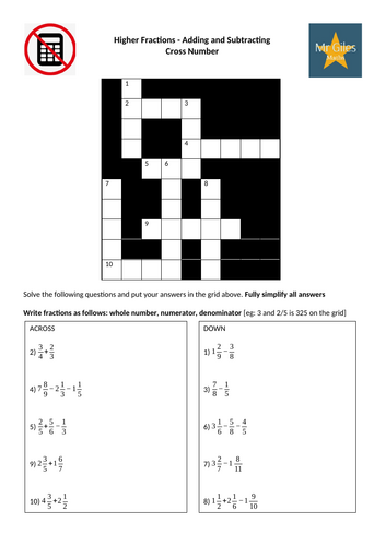 Higher Fractions Topic Cross Number Bundle