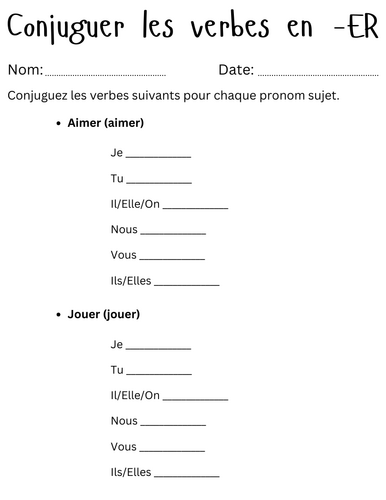 Conjuguer les verbes en -ER - practice french er verbs worksheet